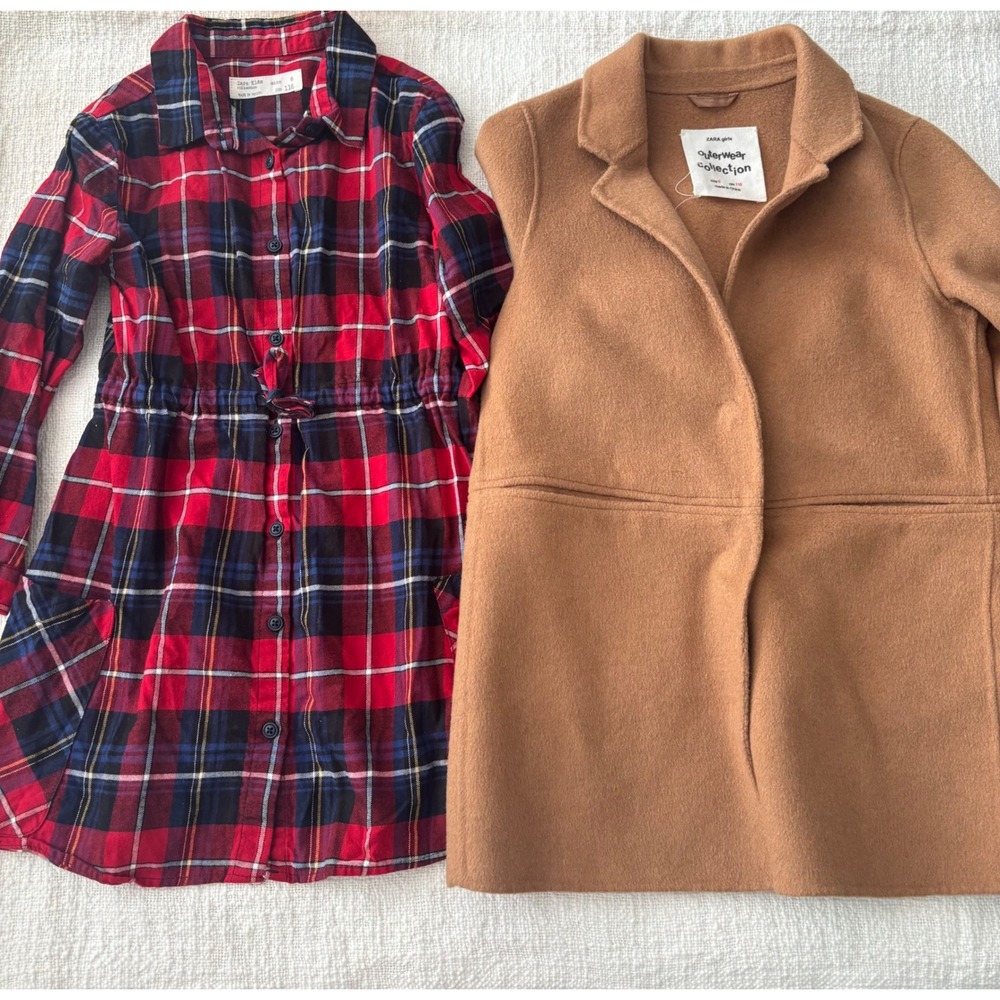 Zara Kids Girls Red Plaid Flannel Dress & Tan Camel Coat Bundle Size 6 116cm